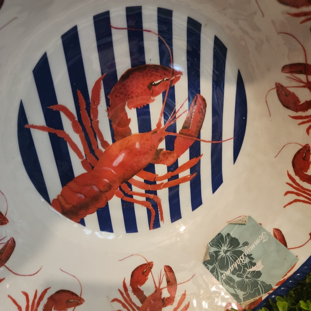Tommy Bahama Large Melamine Lobster Red Blue White Serving Bowl - Picture 3 of 7